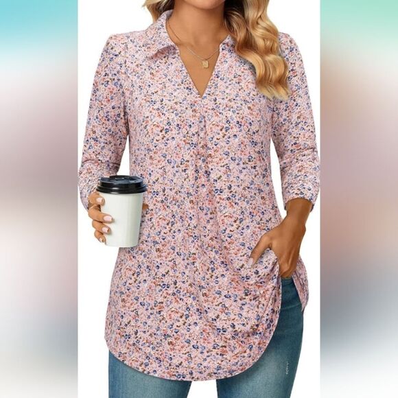 Bulotus Tops - Bulotus Pink Floral 3/4 Sleeve V Neck Top Size 2X NWT